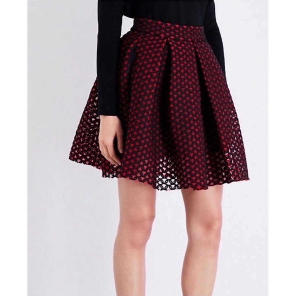 Maje NWT Juliette Red Black Lace Mesh Skater Skirt A-Line Pleated Mini Sz 1/S
